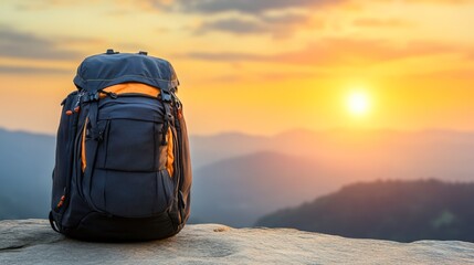 Wall Mural - A vibrant backpack rests on a rocky ledge against a stunning sunset backdrop, perfect for travel or adventure themes, This image can be used in travel blogs, outdoor equipment promotions