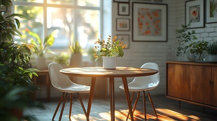 Poster - Home mock up placed a bright modern dining room Stylish furniture with a mix of wood and metal elements Sunlight streaming through large windows enhances the cozy ambiance 3D render