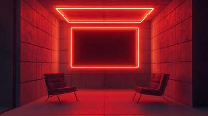 Poster - Red neon light illuminates a modern minimalist room with two armchairs and a blank square sign.