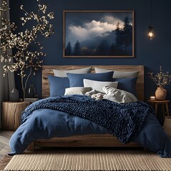 Poster - Home mockup a chic dark blue bedroom with a rustic wooden bed Frame contrasts with soft furnishings and cozy blankets 3D render capturing a perfect blend of elegance and comfort