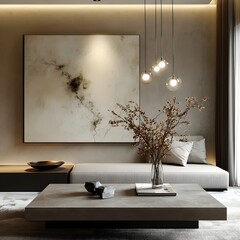 Poster - Home mockup a contemporary living room with minimalist decor A sleek coffee table and modern lighting fixtures highlight the room's balance of function and style in this sophisticated 3D render