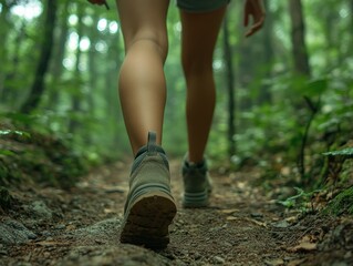 woman walking in the forest, hiking boots on a mountain trail, female legs with trekking shoes