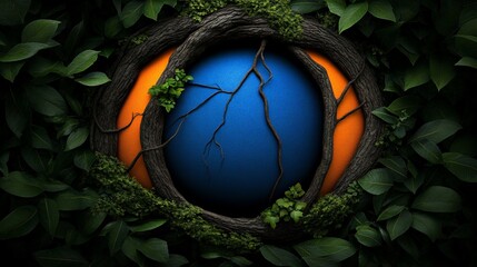 Wall Mural - Nurturing Nature:  A blue sphere cradled within a lush frame of mossy branches and verdant foliage. Nature's embrace suggests growth, protection, and interconnectedness.  