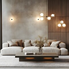 Poster - Home mockup a contemporary living room with minimalist decor A sleek coffee table and modern lighting fixtures highlight the room's balance of function and style in this sophisticated 3D render