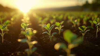 Poster - Young green plants growing in soil with sunlight in the background, symbolizing environmental growth, sustainability, and the promise of a better future