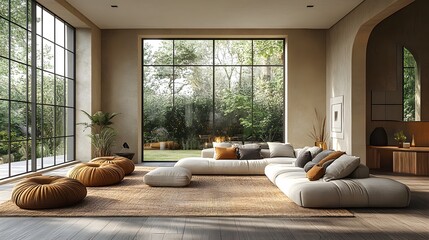 Poster - Home mockup a contemporary minimalist living room featuring clean lines and sleek furniture Soft neutral tones and large windows create a spacious and serene atmosphere in this elegant 3D render