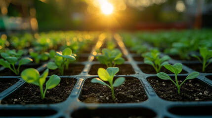 Poster - Green seedlings growing in trays under the warm sunlight, symbolizing new life, sustainable agriculture, and the nurturing of future crops in a garden or greenhouse