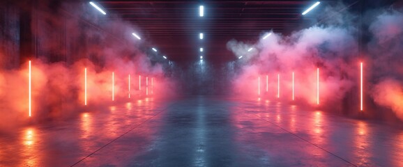 Aufkleber - Neon lights illuminate smoky corridor.