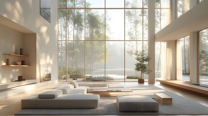 Fototapete - Home mockup a minimalist living room with natural light streaming through large windows The modern design features minimalist furniture and soft textures in this open and bright 3D render