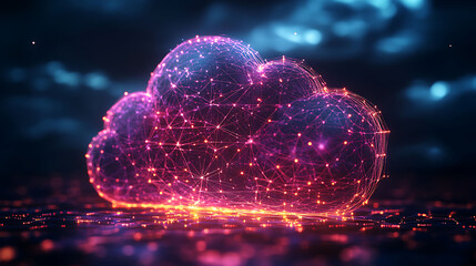 Poster - Stunning abstract cloud computing concept. Glowing pink and blue network nodes form a cloud shape, ideal for illustrating digital technology, data storage, connectivity, and the internet of things.
