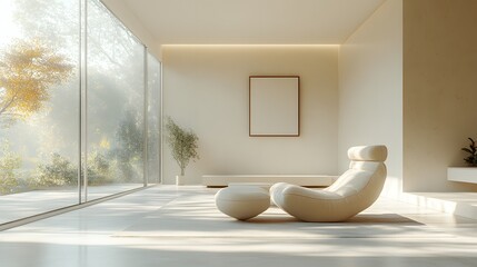 Fototapete - Home mockup a minimalist living room with natural light streaming through large windows The modern design features minimalist furniture and soft textures in this open and bright 3D render