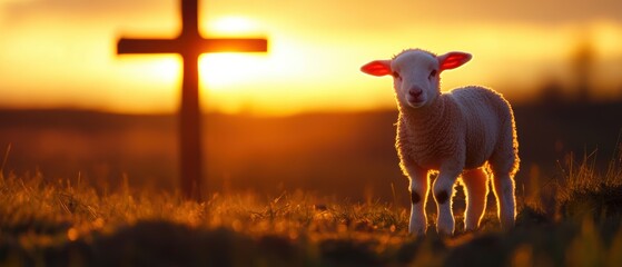 Lamb in a serene pasture at sunset near a wooden cross, symbolizing faith and renewal, showcasing natures beauty and the connection to spiritual themes.