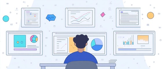 Poster - person analyzing data on multiple screens in a modern office