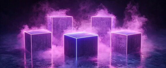 Aufkleber - Neon-lit cubes in smoky setting.