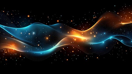 Poster - Abstract glowing wave with orange and blue particles.