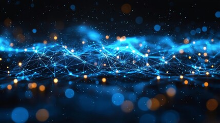Poster - Abstract digital network, glowing blue and orange nodes connected by lines.