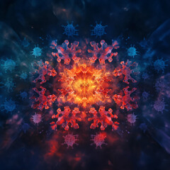 Poster - Abstract digital representation of red and blue virus-like cells in a symmetrical formation, symbolizing infection, disease, or microscopic research in science and biology.