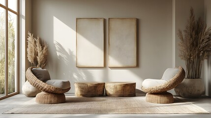 Poster - Lightcolored minimalist interior showcasing canvas mockup rustic decor viewed a corner angle highlighting the unique interplay of light and shadow enhancing the inviting ambiance in this 3D render