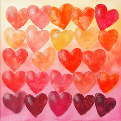 Poster - A grid of colorful hearts in shades of red, pink, yellow, and orange, arranged in a symmetrical pattern, symbolizing love, affection, and Valentine's Day.