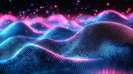 Poster - Abstract glowing blue and pink particle wave.