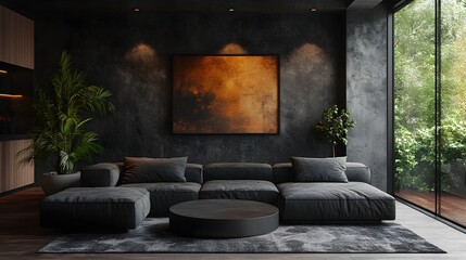 Poster - Living room interior black featuring a minimalist sofa captured from a frontal angle focusing on the wall decor and soft textures creating a cozy yet modern ambiance in this 3D render