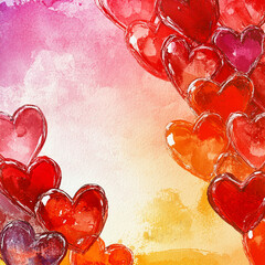 Poster - A watercolor painting of colorful hearts in shades of red, orange, yellow, and pink, forming a lovely and romantic pattern, perfect for Valentine's Day.