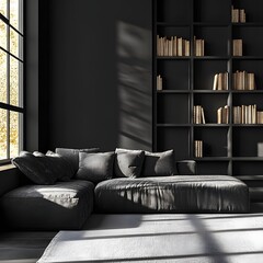 Fototapete - Minimalist black living room interior featuring sofa captured from a corner angle highlighting the interplay of light and shadows creating depth and sophistication in this 3D render