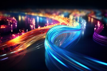 Fototapete - Fiber optic cables transmitting data create a colorful and futuristic light show