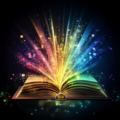 Poster - An open book radiates colorful light and digital particles, symbolizing the fusion of knowledge, imagination, and digital transformation in a dynamic and vibrant manner.