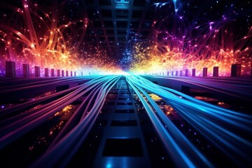 Fototapete - Glowing fiber optic cables transferring big data inside a futuristic server room