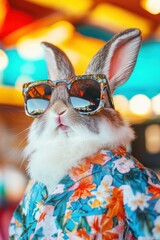 Wall Mural - Rabbit in sunglasses and tropical shirt posing for a fun photo against a colorful background. Summer vibes, playful pet fashion, and cheerful atmosphere.