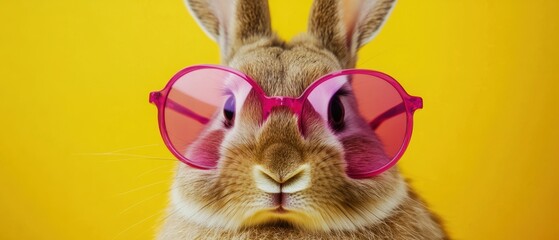 Wall Mural - Rabbit wearing pink sunglasses against bright yellow background, playful animal portrait for fun lifestyle, summer vibes, pet photography, and social media content.