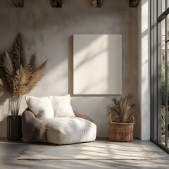 Poster - Minimalist interior showcasing canvas mockup alongside a stylish armchair and rustic decor captured from a diagonal angle highlighting the layout and natural light in this serene 3D render