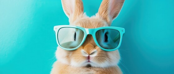 Wall Mural - Rabbit wearing sunglasses against a vibrant blue background, showcasing a playful and trendy vibe for summer-themed designs and pet-related content.