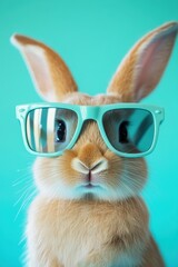 Wall Mural - Rabbit wearing sunglasses against a vibrant turquoise background, playful animal portrait, summer vibes, trendy pet fashion, and joyful atmosphere for social media.