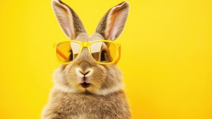 Wall Mural - Rabbit wearing sunglasses against a vibrant yellow background, capturing fun and playful animal vibes. Perfect for pet-themed designs or summer promotions.