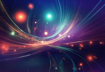 Poster - Abstract sci-fi background featuring a double exposure effect.  Swirling, luminous lines and glowing orbs create a dynamic, otherworldly scene.