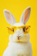 Wall Mural - Rabbit wearing yellow sunglasses against vibrant yellow background, showcasing playful and stylish animal photography, perfect for fun and vibrant design projects.