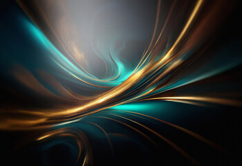 Fototapete - Abstract sci-fi background featuring a double exposure effect. Swirling teal and gold lines create a dynamic, futuristic landscape.