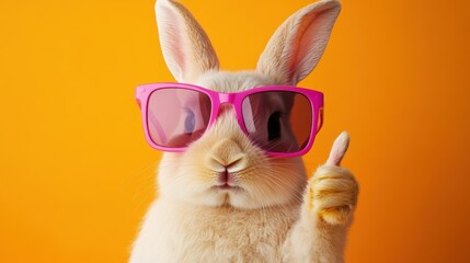 Wall Mural - Rabbit with pink sunglasses giving a thumbs-up against a bright orange background, perfect for playful themes, Easter celebrations, or whimsical marketing.