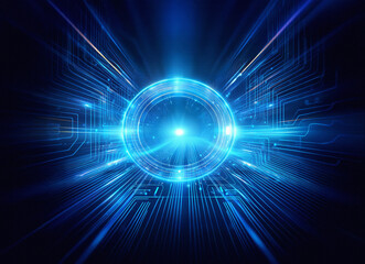 Poster - Abstract sci-fi background featuring a double exposure of a glowing circular portal within a futuristic circuit board design.  Bright blue hues dominate the image.
