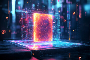Poster - A glowing, digital data matrix emerging from an open book in a high-tech environment, symbolizing the fusion of knowledge, technology, and futuristic concepts.