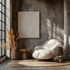 Fototapete - Minimalist interior a canvas mockup an inviting armchair and rustic decor viewed from a side angle emphasizing the balance between modern and rustic elements creating a cozy vibe in this 3D render