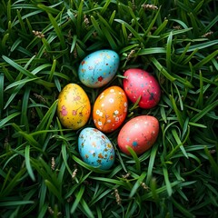 A group of painted easter eggs sitting on top of a lush green grass covered field