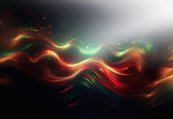 Aufkleber - Abstract sci-fi double exposure background. Glowing waves of red, green, and gold energy flow across a dark, glittering backdrop.  A bright light source illuminates the scene.