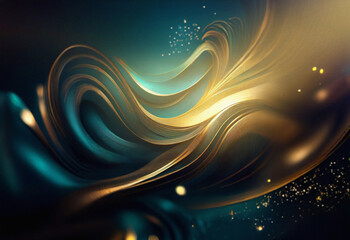 Poster - Abstract sci-fi background featuring a double exposure of swirling, golden and teal ribbons creating a dynamic, luminous effect.