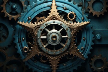 Wall Mural - Intricate clockwork mechanism with interlocking gears generating power, symbolizing industrial processes and complex systems