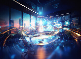 Poster - Abstract sci-fi scene. Double exposure effect depicts a futuristic office space with glowing holographic displays and dynamic light trails against a cityscape background.