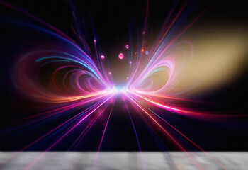 Leinwandbilder - Abstract sci-fi double exposure artwork.  Vibrant, swirling light trails create a futuristic, energetic background with a mysterious, dark aesthetic. A subtle, light-colored surface is visible at the 