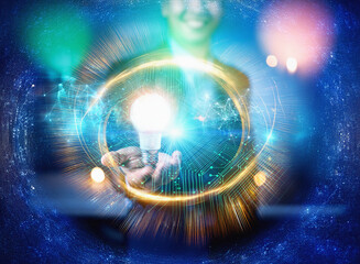 Poster - Abstract double exposure image. Sci-fi style background depicts a person holding a glowing lightbulb within a network of connections, symbolizing innovation and global connectivity.